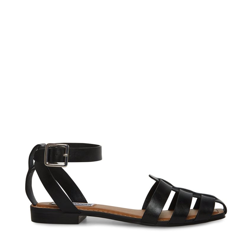 Black Steve Madden Media Leather Women\'s Flat Sandals | PH 4573WTB